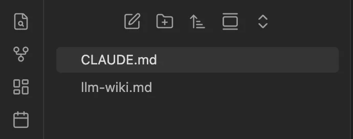 Obsidian's file explorer showing the two starter files, CLAUDE.md and llm-wiki.md