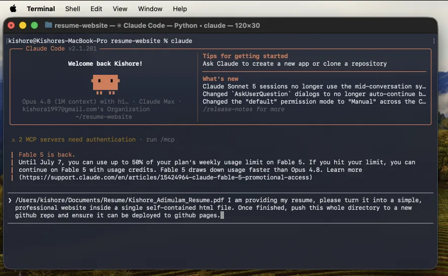 Claude Code prompt for turning a resume into a website